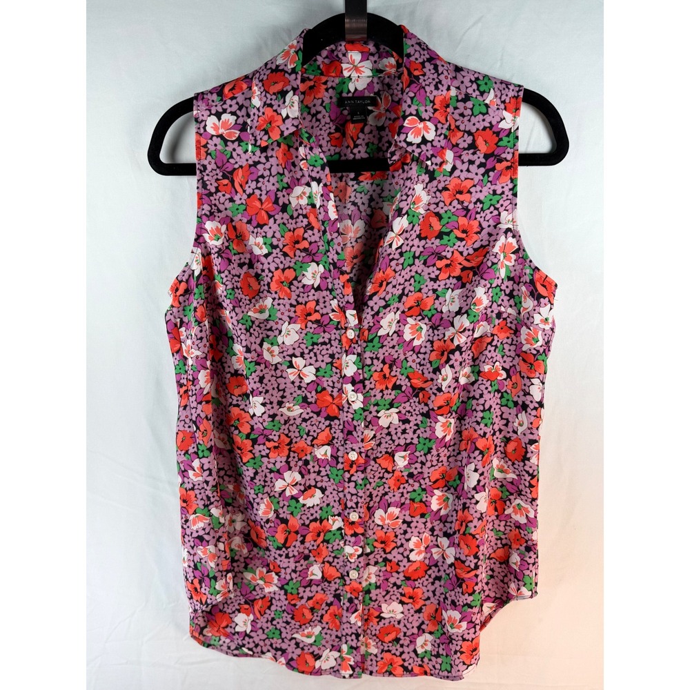 Ann Taylor Womens Small Purple Orange Floral Sleeveless Button Down Blouse Top